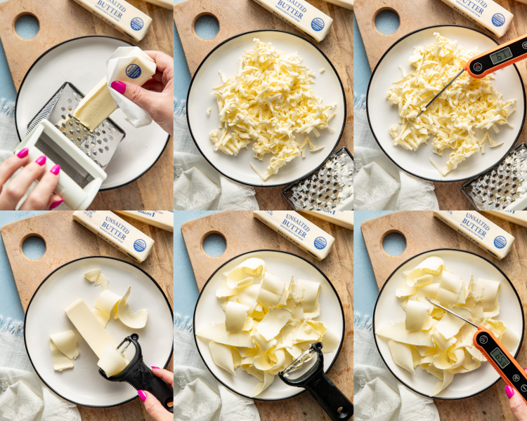 Six images showing how to soften butter by grating it with a cheese grater or vegetable peeler.
