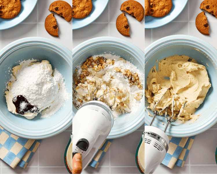 Three images side-by-side of adding all the mascarpone cream ingredients to a bowl and mixing with a hand mixer.