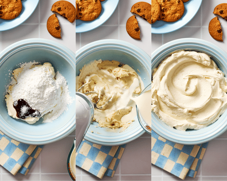 Three images side-by-side showing how to make homemade mascarpone cream.