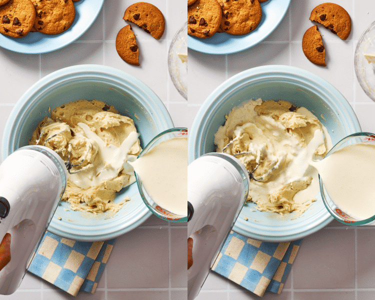 Side-by-side image of slowing adding the heavy cream to mascarpone cream ingredients.