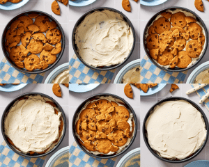 Six images showing how to make the layers for cookie icebox cake.