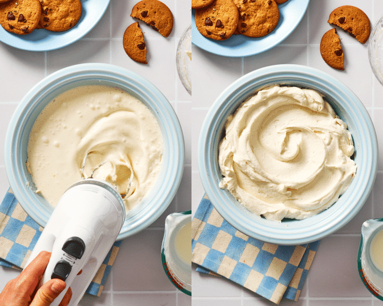 Side-by-side image of beating mascarpone cream ingredients on medium-high until stiff peaks form.