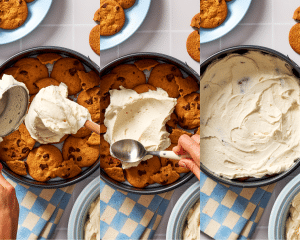 Three images side-by-side of adding first cup of mascarpone cream on top of cookie layer and spreading into an even layer.