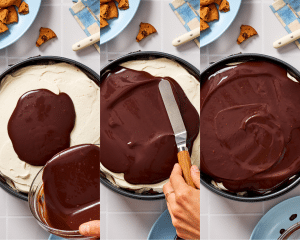 Three images side-by-side showing how pouring the chocolate ganache on top of chilled cake and spreading into an even layer.