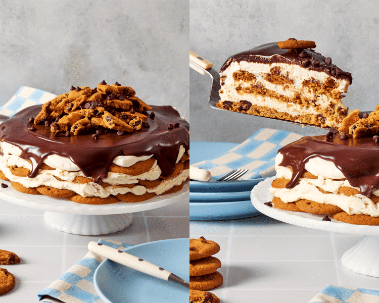 Two images side-by-side of icebox cake served on a cake stand then pulling out a slice with a cake slicer.