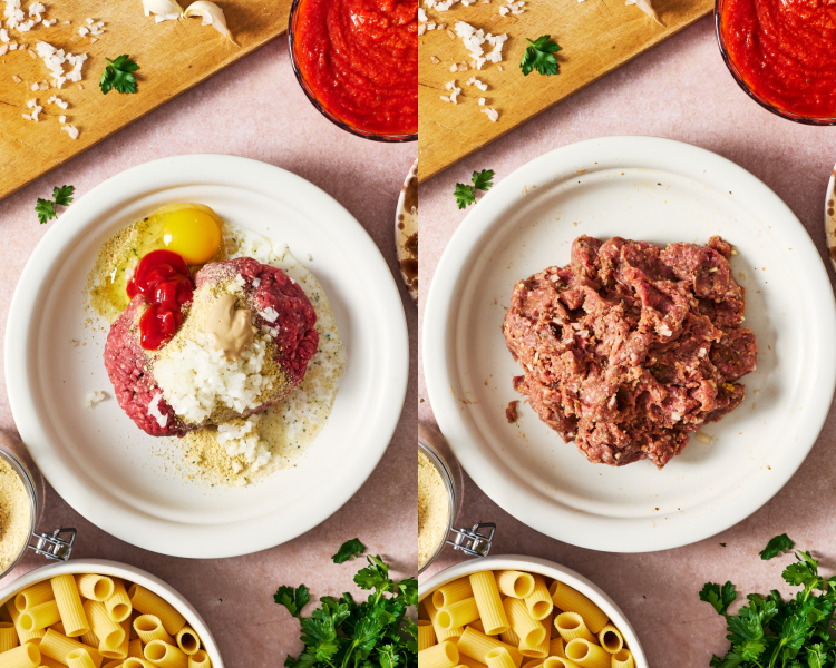 Side-by-side of mixing meatball ingredients together to make mixture.