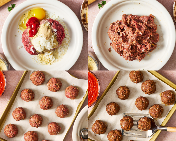 Four images showing the steps to make the meatballs before adding them to the pasta bake.