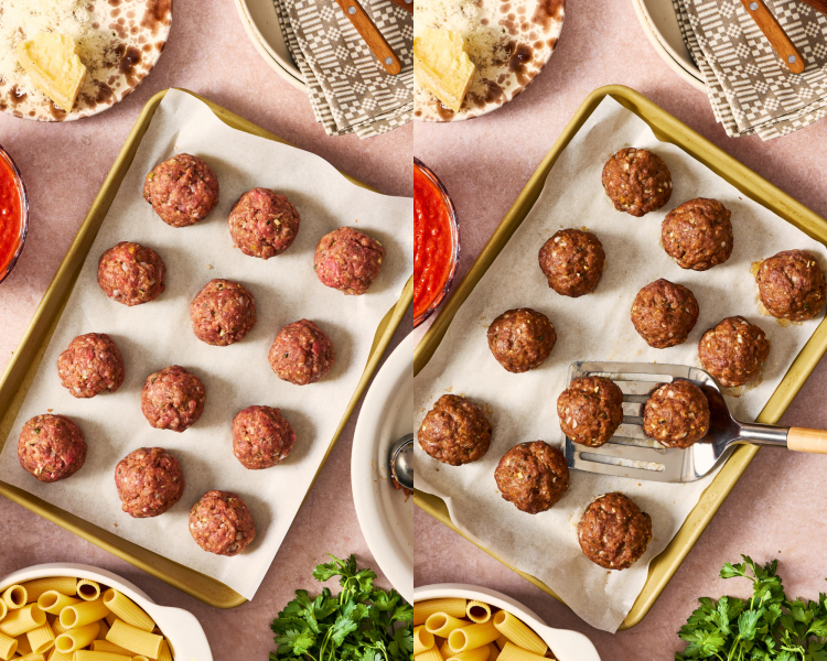 Side-by-side of adding meatballs to parchment-lined baking sheet then parbaking them before adding them to pasta bake.