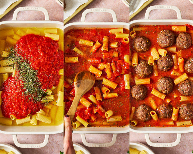 Three images side-by-side showing how to assemble the meatball pasta bake before baking.