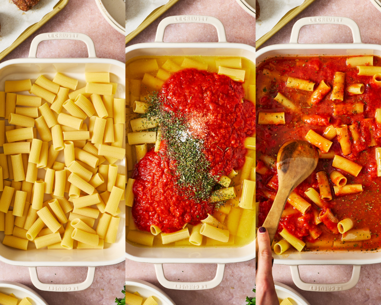 Three images side-by-side showing adding all the pasta and sauce ingredients to the casserole dish.
