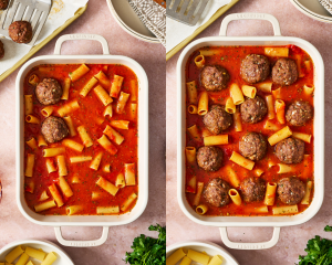 Side-by-side of arranging meatballs into pasta dish.