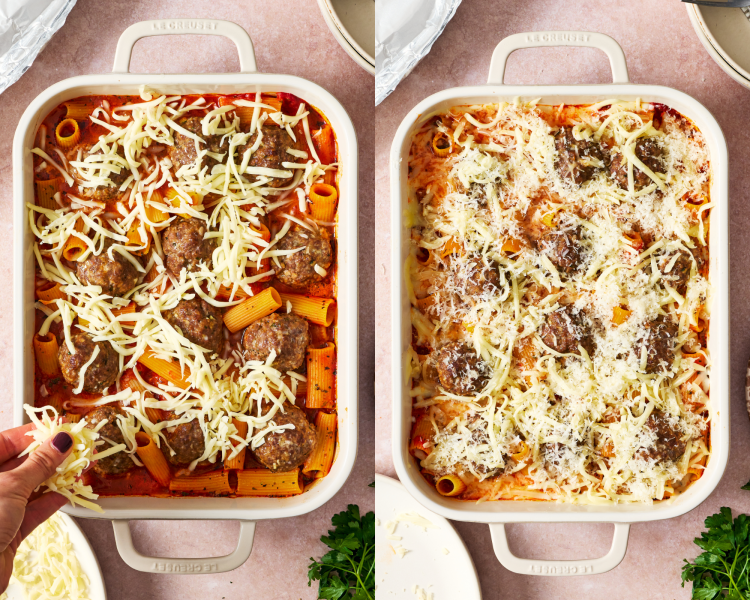 Side-by-side of sprinkling cheese on top of meatball pasta bake.