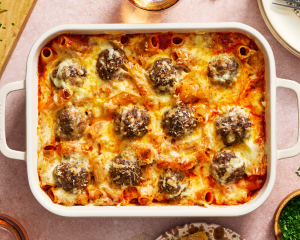 Meatball and pasta bake cooked and broiled for a few minutes to get cheese brown on top in 9x13 casserole dish.