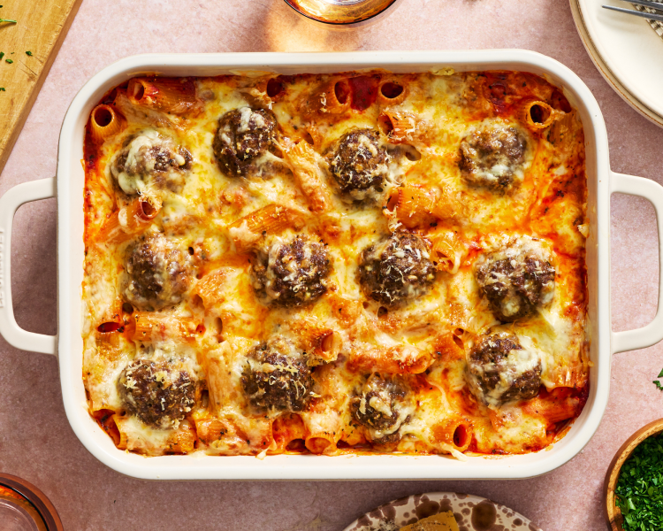 Meatball and pasta bake cooked and broiled for a few minutes to get cheese brown on top in 9x13 casserole dish.