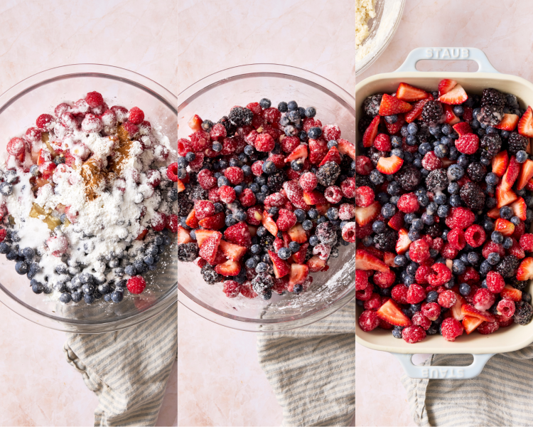 Three images side-by-side showing how to make berry filling.