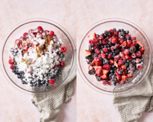 Side-by-side image of prepping berries in mixing bowl.