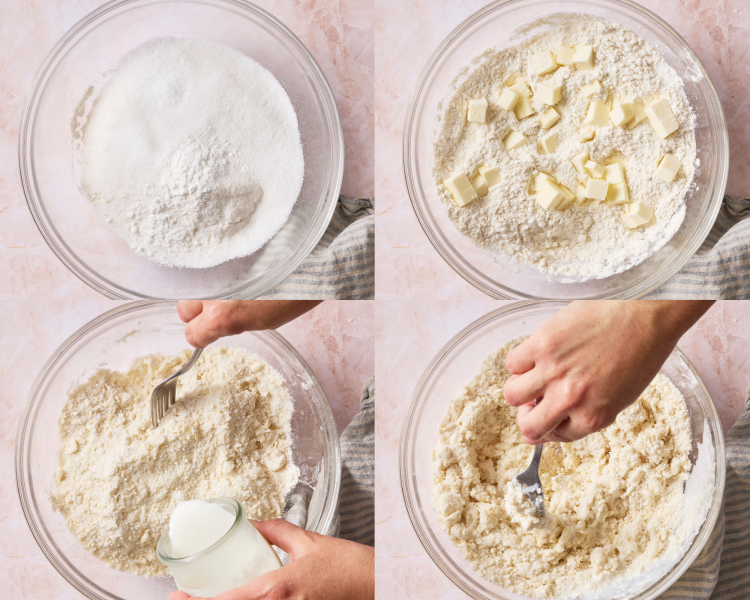 Four images showing how to make the biscuit dough.