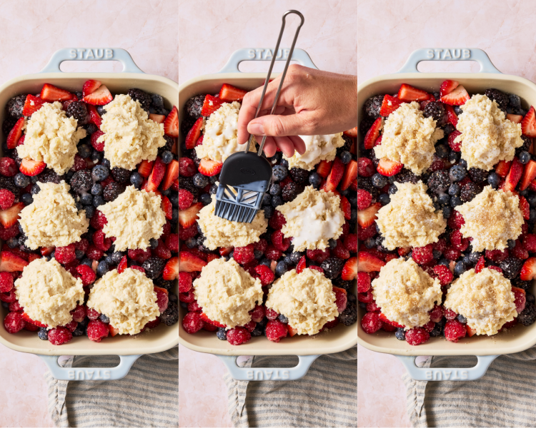 Three images side-by-side showing how to assemble the berry filling and adding the biscuit dough on top before baking.