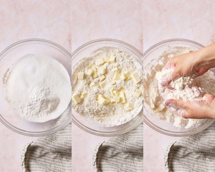 Three images side by side showing mixing the dry ingredients together for biscuit topping them cutting in cold cubes of butter.