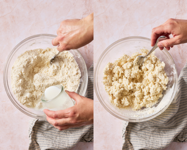 Side-by-side image of slowly drizzling in the buttermilk and mixing until everything is moistened and combined.