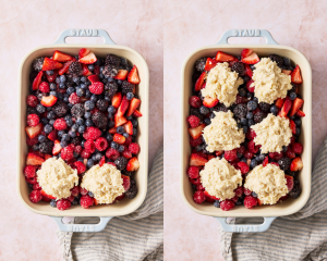 Side-by-side image of adding six dollops of biscuit dough on top of berry mixture.