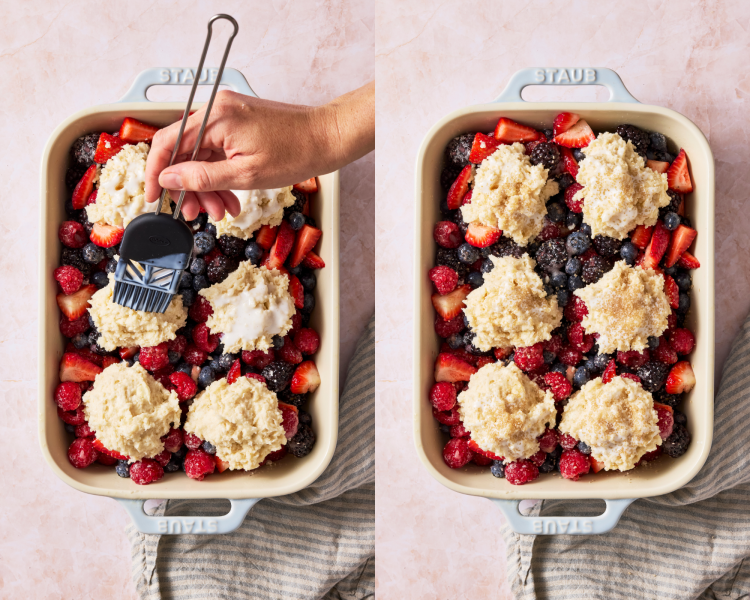 Side-by-side image of brushing biscuit dough with buttermilk and sprinkling with course sugar.