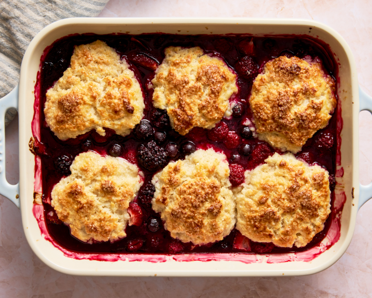 Mixed berry cobbler baked in 9x13 dish.