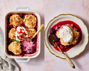 Side-by-side of mixed berry cobbler topped with fresh whipped cream with bottom right corner scooped out and served on a plate with gold spoon.