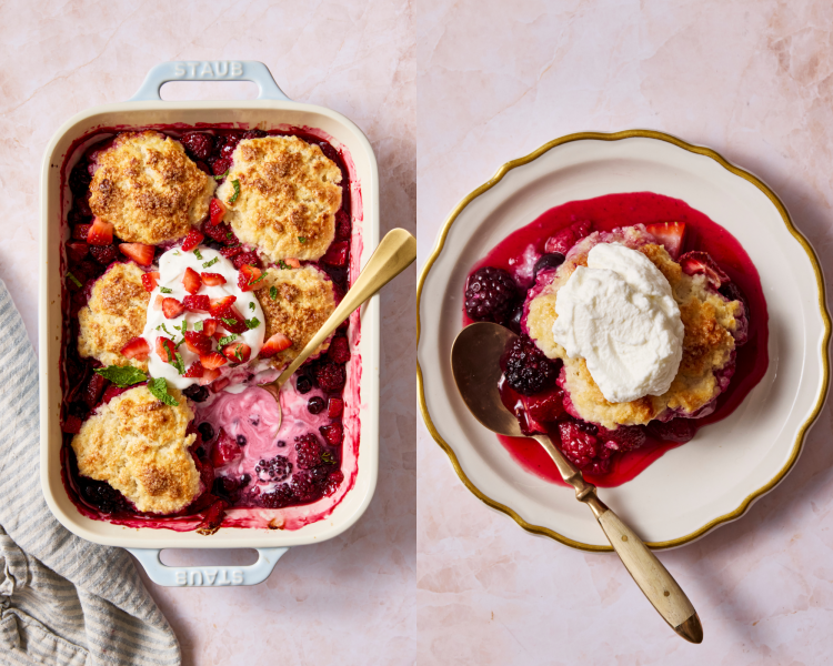 Side-by-side of mixed berry cobbler topped with fresh whipped cream with bottom right corner scooped out and served on a plate with gold spoon.