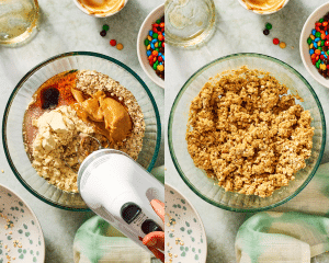Side-by-side image of mixing energy bite ingredients together in a bowl.