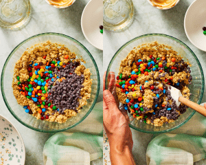 Side-by-side of adding in the mini chocolate chips and mini m&ms.
