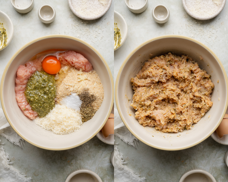 Side-by-side image of mixing together the ingredients for the meatballs in a mixing bowl.