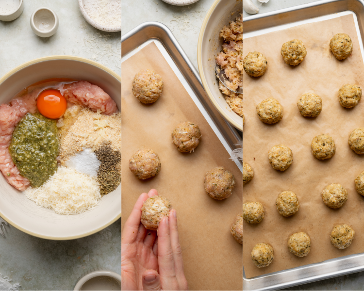 Three images side-by-side of making meatballs.