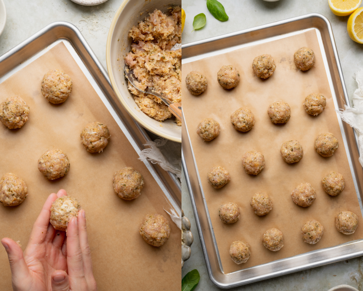 Side-by-side image of forming small meatballs then placing them on a parchment-lined baking sheet.