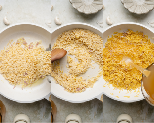 Three images side-by-side of cooking the orzo in large skillet.
