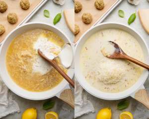 Side-by-side of adding the cream and parmesan to orzo.