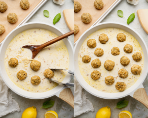 Side-by-side image of placing meatballs bake into skillet and letting everything cook until orzo is tender and sauce is creamy.