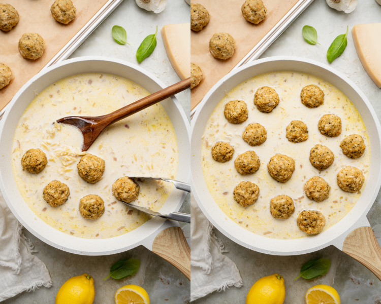 Side-by-side image of placing meatballs bake into skillet and letting everything cook until orzo is tender and sauce is creamy.