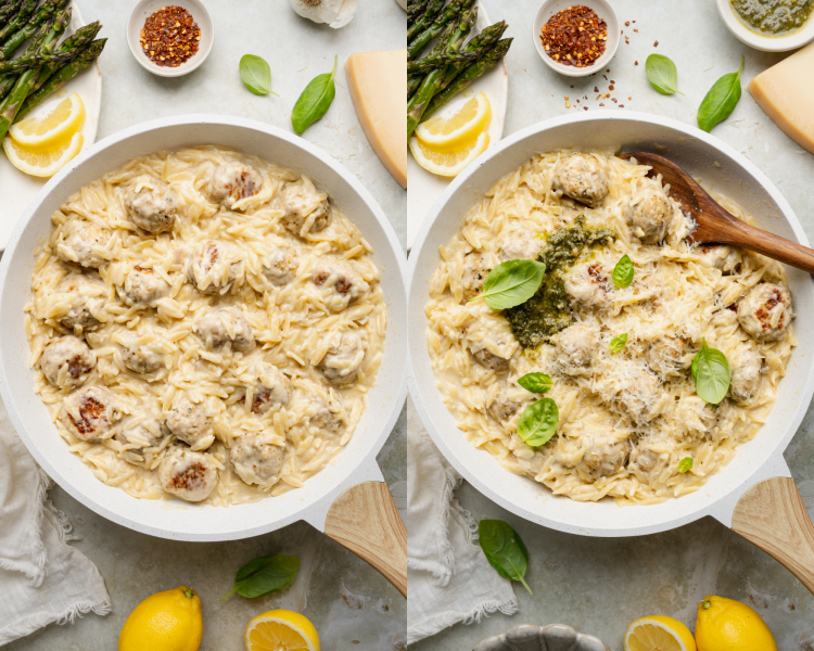 Side-by-side image of finishing the pesto chicken meatballs and orzo the topping with fresh basil, pesto and cheese.