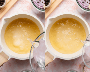Side-by-side of bringing brine ingredients together in small saucepan.