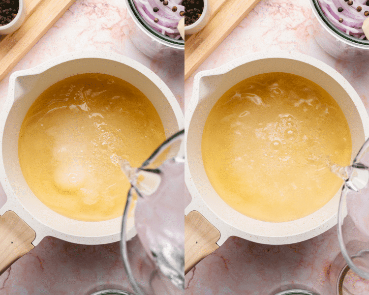 Side-by-side of bringing brine ingredients together in small saucepan.