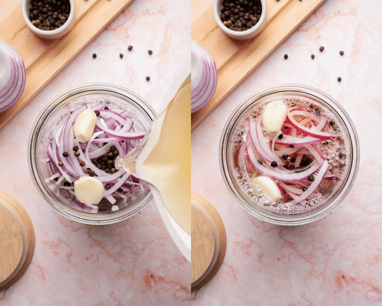 Side-by-side of pouring bring over pickles in a jar and letting it come to room temperature.