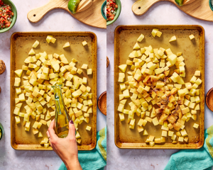 Side-by-side of drizzle cubed potatoes with olive oil then adding the seasonings.