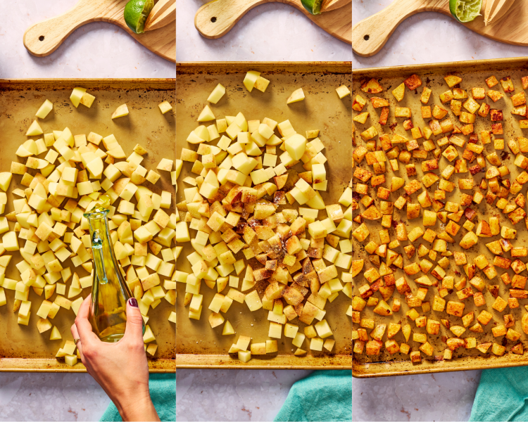 Three images side-by-side showing roasting the potatoes.