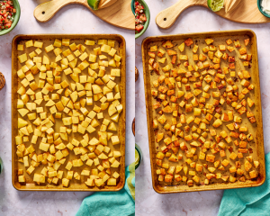 Side-by-side of spreading out potatoes on baking sheet then roasting for 30-35 minutes.