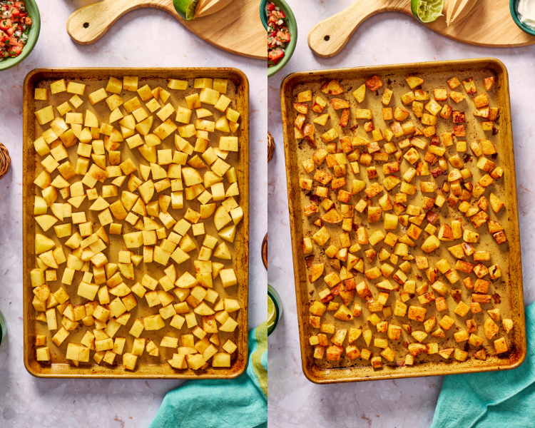 Side-by-side of spreading out potatoes on baking sheet then roasting for 30-35 minutes.