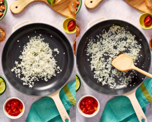 Side-by-side of cooking diced onion in large skillet until softened.