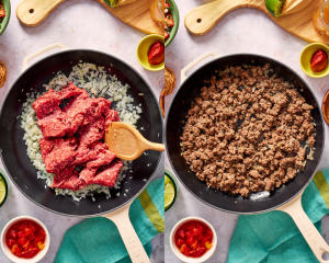 Side-by-side of adding ground beef into skillet and cooking until browned.