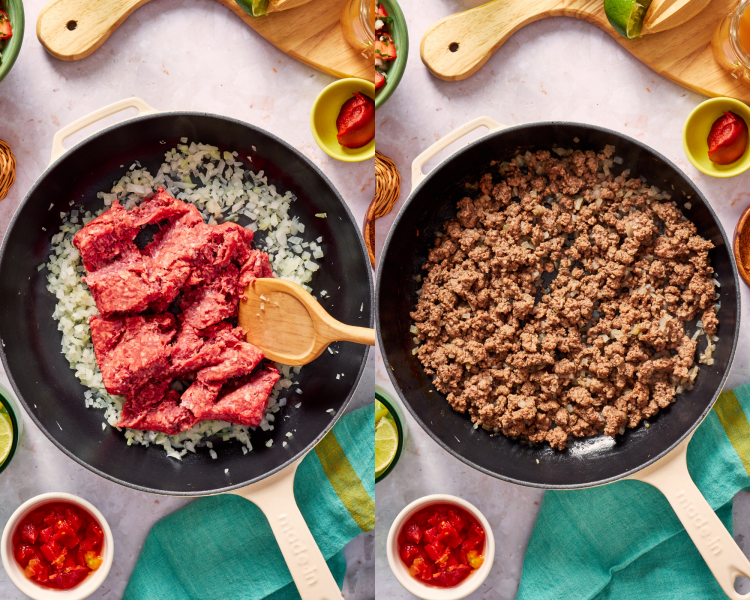 Side-by-side of adding ground beef into skillet and cooking until browned.