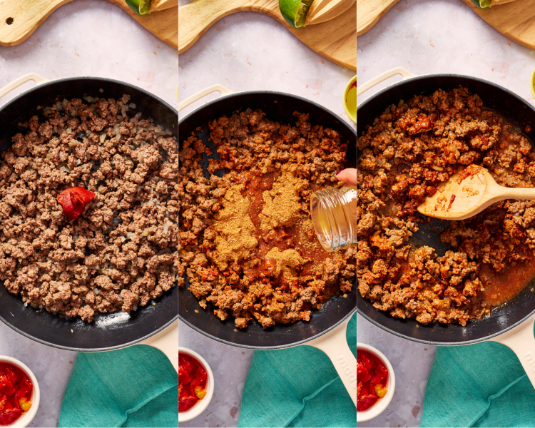 Three images side-by-side showing adding the tomato paste, seasoning and beef broth to the taco meat.